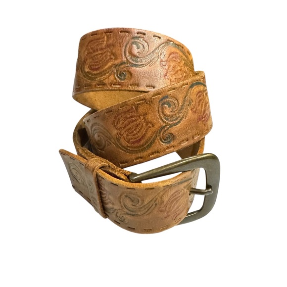 Tooled Brown Leather Belt | Embossed Scroll Design | Size S | Genuine Leather - Picture 6 of 12